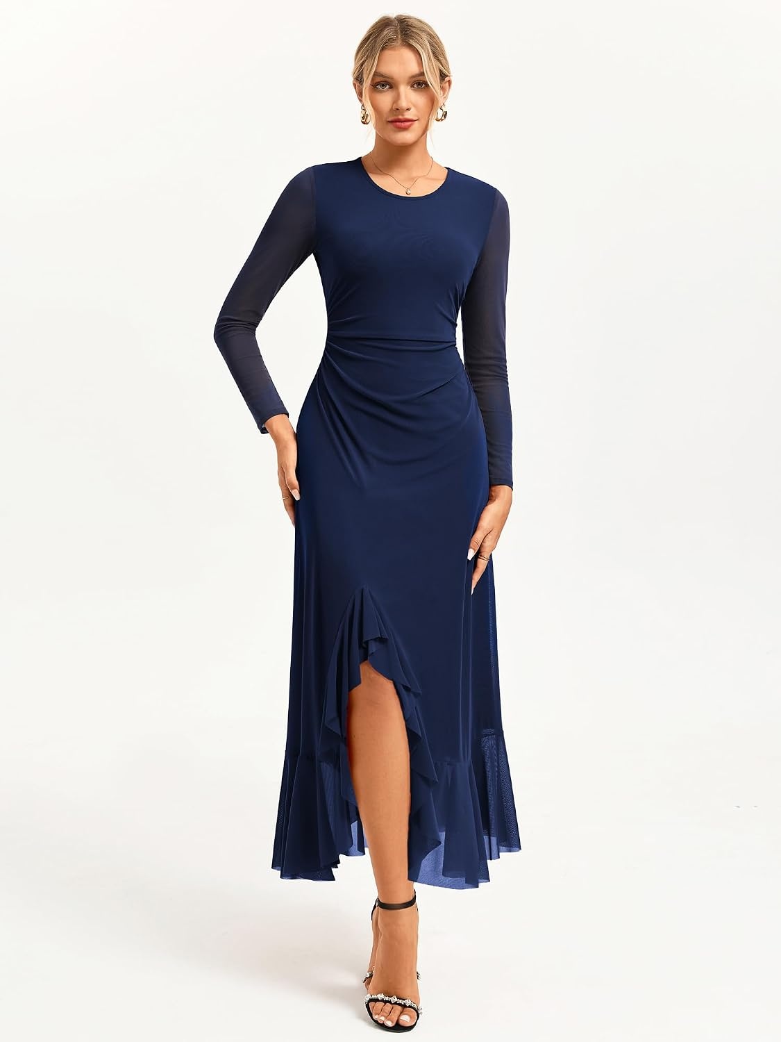 image:imageGRACE KARIN Womens Fall Wedding Guest Dress Long Sleeve Maxi Mesh Dresses Elegant Crew NeckRuched BodyconAsymmetric Ruffle HemFormal Cocktail PartyDate Night OutfitsFashion ClothingNavy