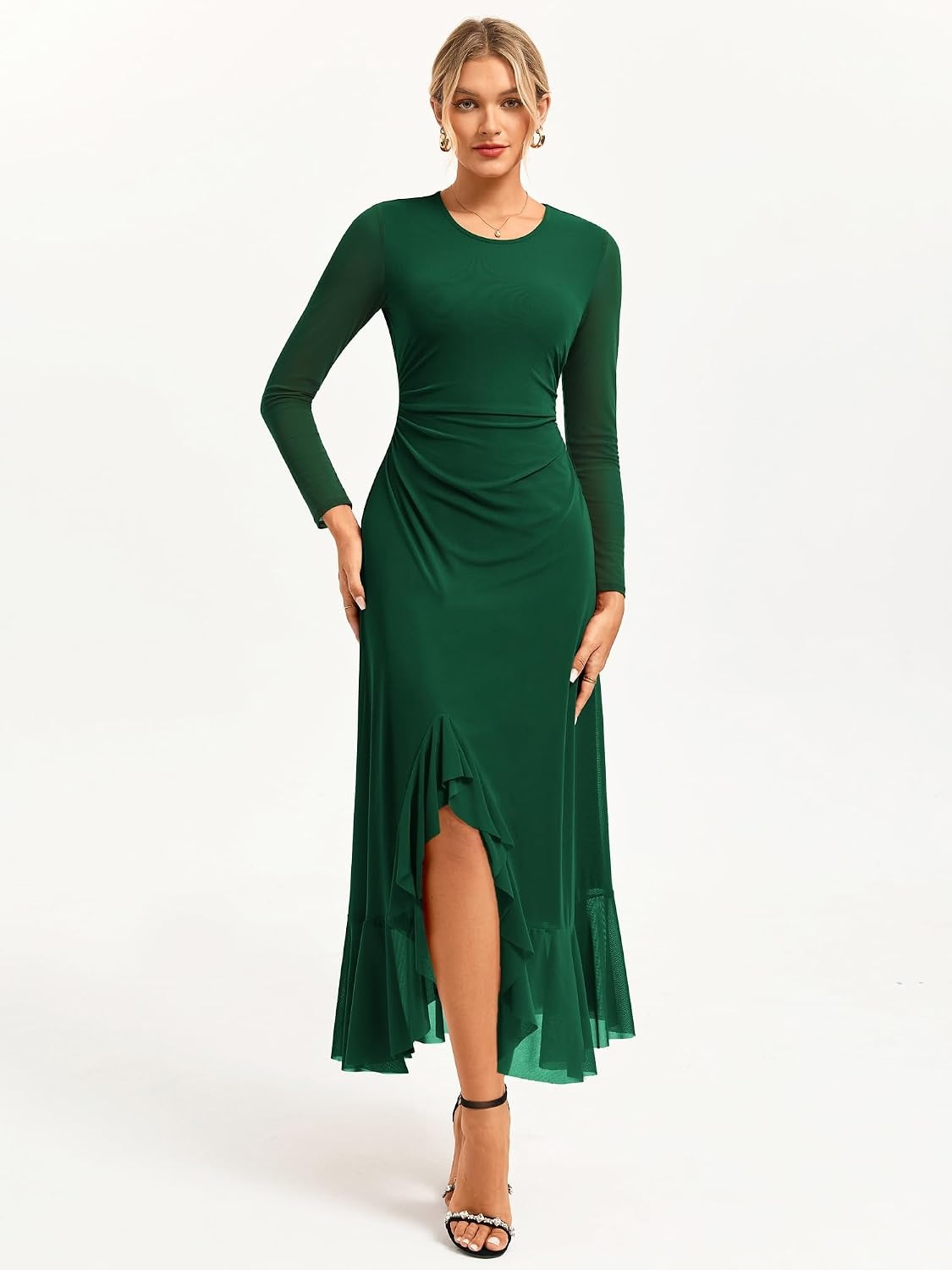 image:imageGRACE KARIN Womens Fall Wedding Guest Dress Long Sleeve Maxi Mesh Dresses Elegant Crew NeckRuched BodyconAsymmetric Ruffle HemFormal Cocktail PartyDate Night OutfitsFashion ClothingDark Green