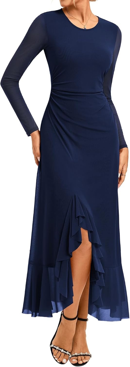 image:imageGRACE KARIN Womens Fall Wedding Guest Dress Long Sleeve Maxi Mesh Dresses Elegant Crew NeckRuched BodyconAsymmetric Ruffle HemFormal Cocktail PartyDate Night OutfitsFashion ClothingNavy
