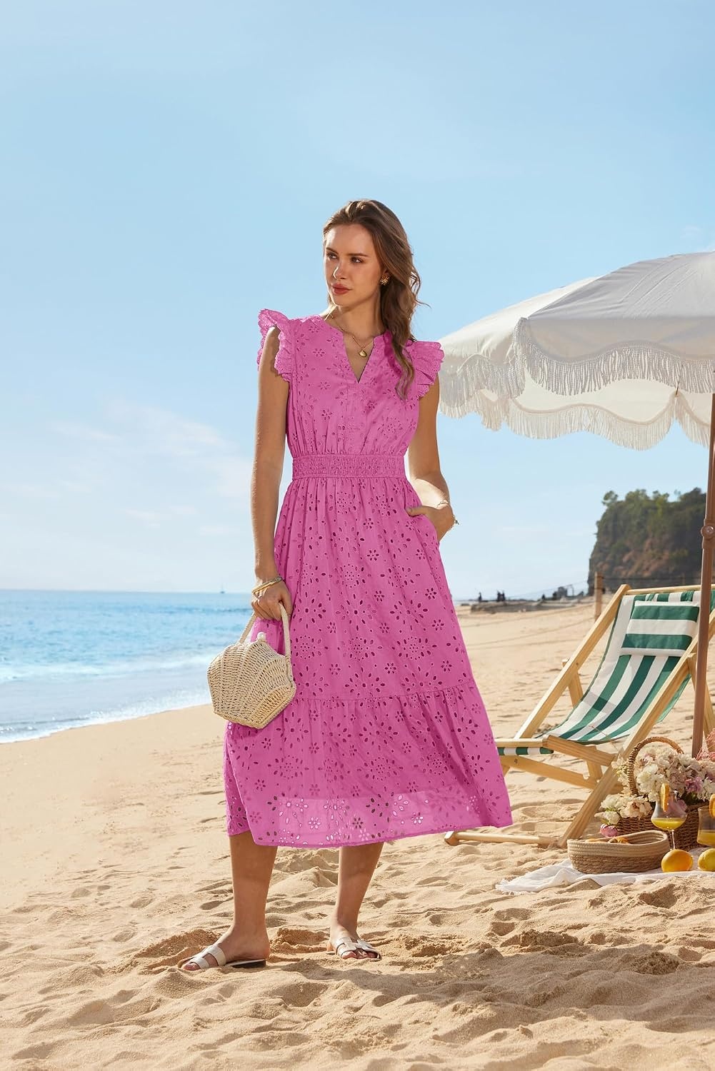 image:imageGRACE KARIN Womens Summer Maxi Eyelet Boho Beach Dresses 2026 V Neck High Waisted Pocket A Line Flowy Casual Modest Fall Funeral Church Wedding Guest Vacation Cocktail DressRose