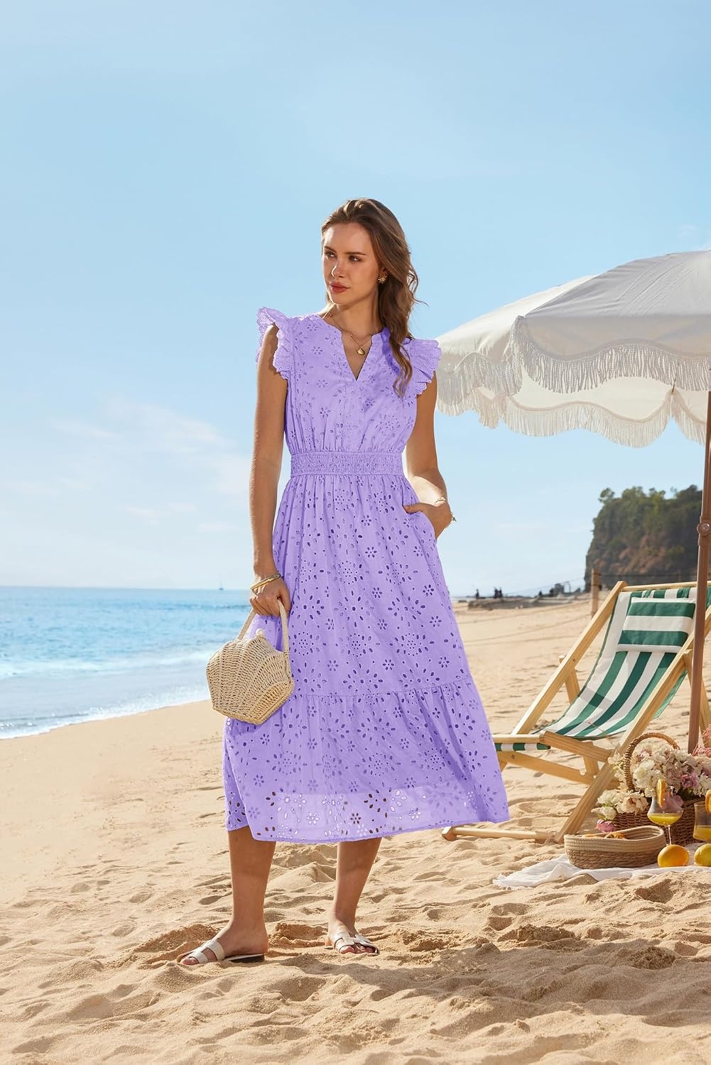 image:imageGRACE KARIN Womens Summer Maxi Eyelet Boho Beach Dresses 2026 V Neck High Waisted Pocket A Line Flowy Casual Modest Fall Funeral Church Wedding Guest Vacation Cocktail DressLight Purple