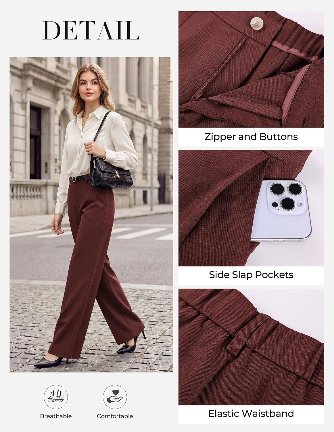 image:imageGRACE KARIN Womens Wide Leg Dress Pants Business Office Work Slacks Outfit TextureDrapeFlowyTailoredPocketsElastic High WaistPalazzoCasualFormalMeetingsBurgundy