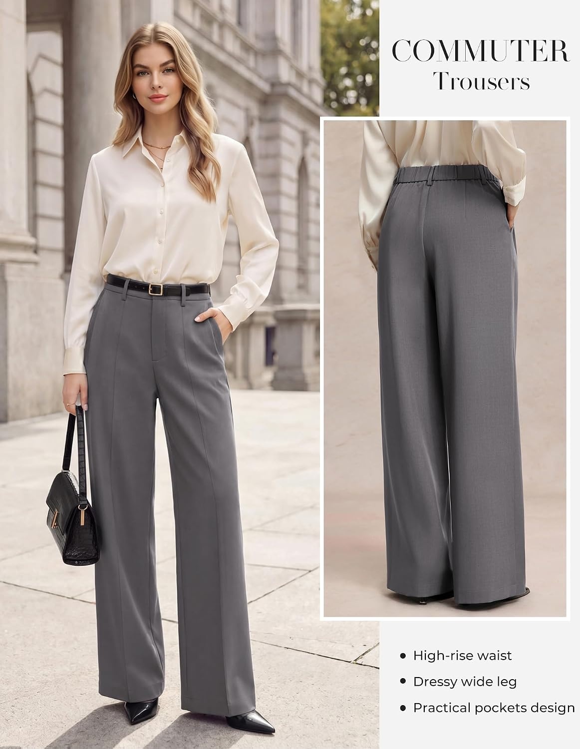 image:imageGRACE KARIN Womens Wide Leg Dress Pants Business Office Work Slacks Outfit TextureDrapeFlowyTailoredPocketsElastic High WaistPalazzoCasualFormalMeetingsGrey