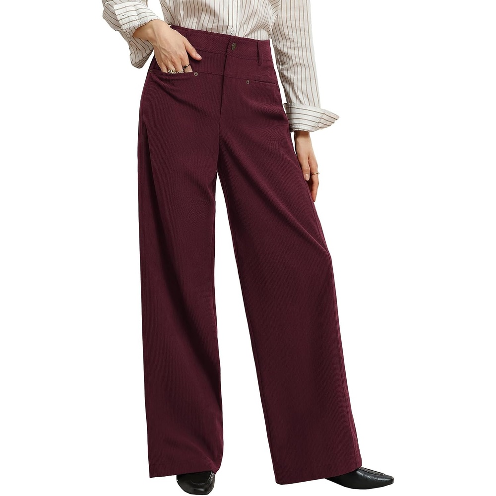 image:imageGRACE KARIN Corduroy Pants Women Casual Wide Leg Baggy Trousers Fall Winter 4 Pockets front and backStretchRivetsElastic High WaistPalazzoLeisureHomeBurgundy