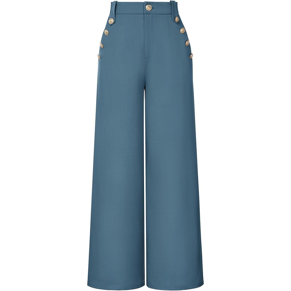 image:imageGRACE KARIN Wide Leg Dress Pants for Women 2026 Business Casual Trousers  High Waisted Work Buttons with Pockets Straight Leg Teacher Flowy PalazzoDenim Blue