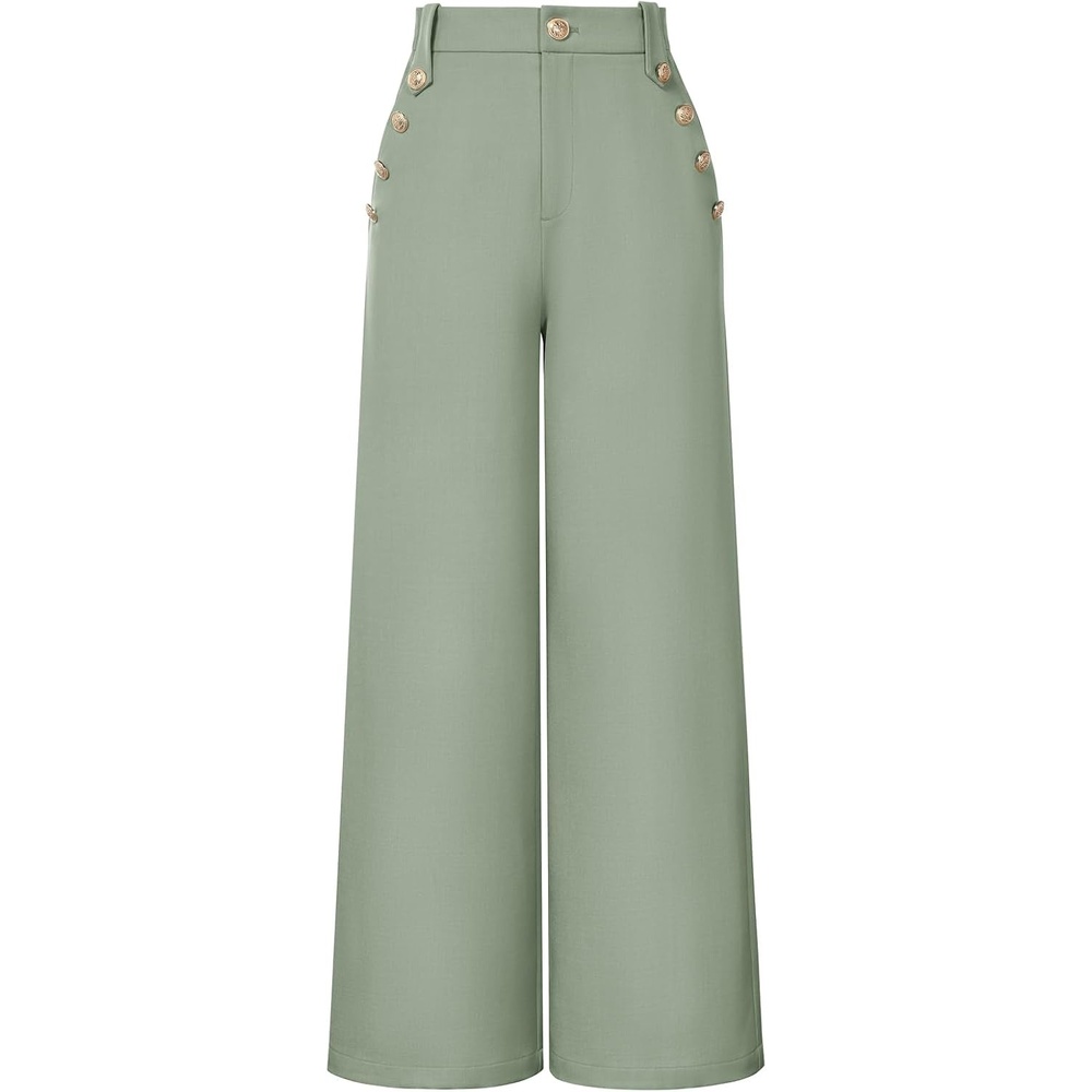 image:imageGRACE KARIN Wide Leg Dress Pants for Women 2026 Business Casual Trousers High Waisted Work Buttons with Pockets Straight Leg Teacher Flowy PalazzoGrey Green