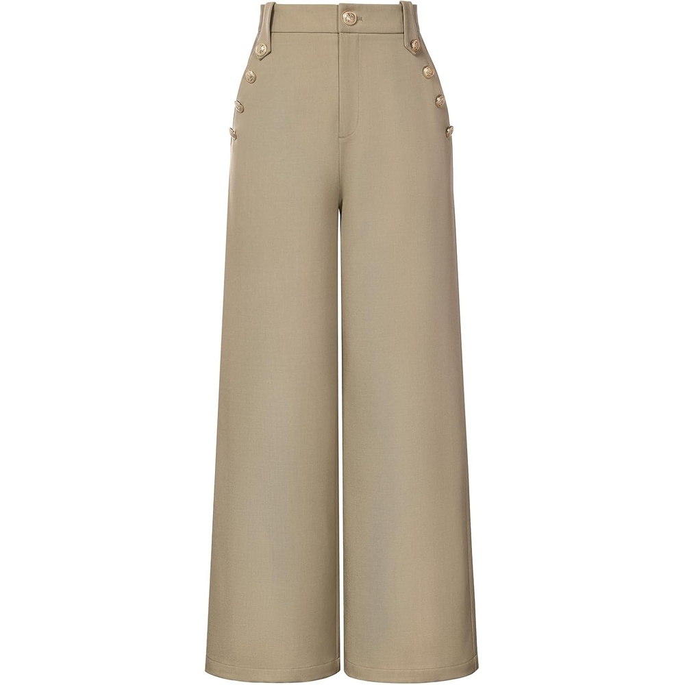 image:imageGRACE KARIN Wide Leg Dress Pants for Women 2026 Business Casual Trousers  High Waisted Work Buttons with Pockets Straight Leg Teacher Flowy PalazzoKhaki