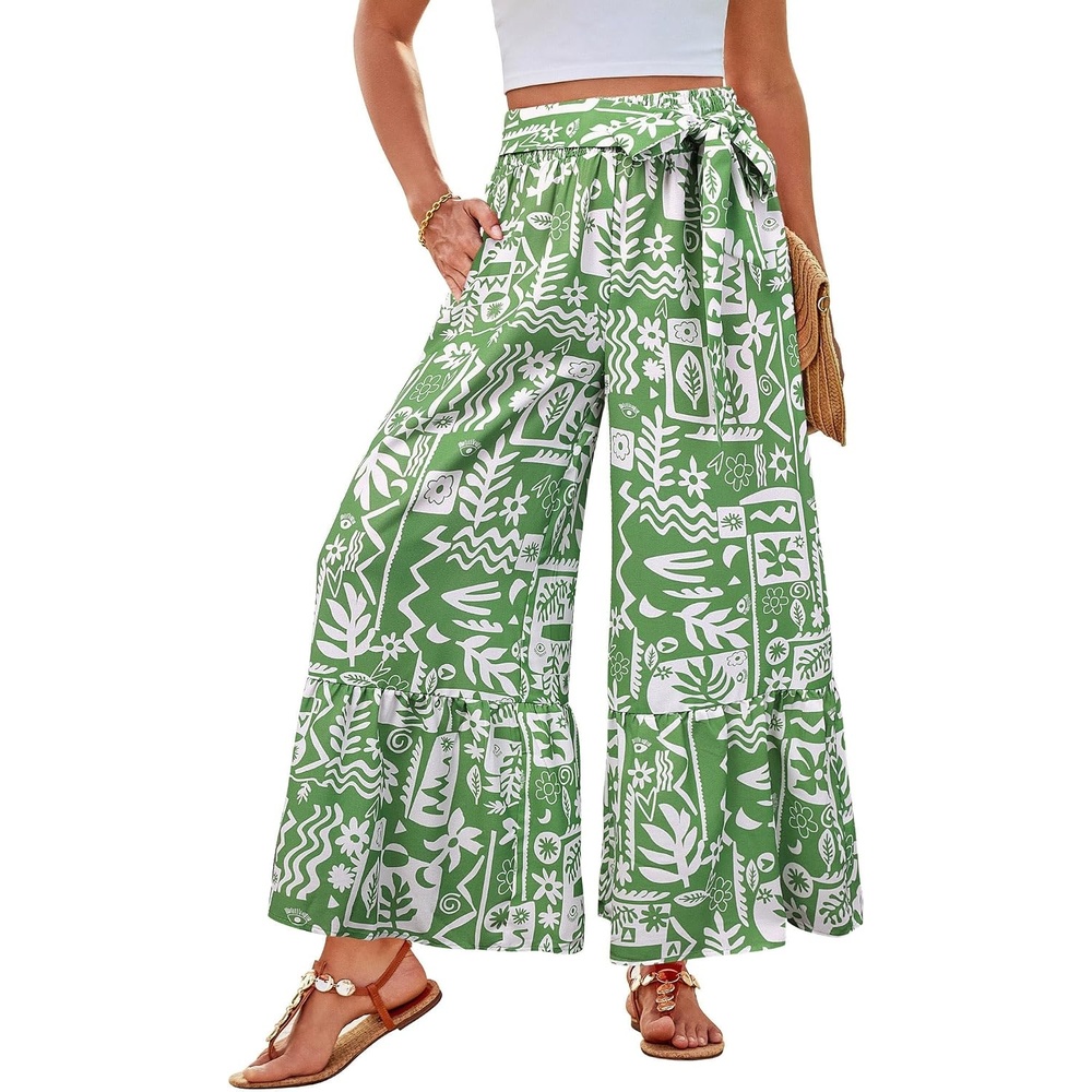 image:imageGRACE KARIN Wome Palazzo Wide Leg Pants Summer Boho Flowy Beach Trousers BeltedPocketsElastic High WaistedPull OnAline FlarePrintedTravelComfyVacationHawaiiHoneymoonGreen Floral