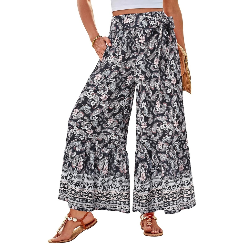 image:imageGRACE KARIN Wome Palazzo Wide Leg Pants Summer Boho Flowy Beach Trousers BeltedPocketsElastic High WaistedPull OnAline FlarePrintedTravelComfyVacationHawaiiHoneymoonBlack Floral