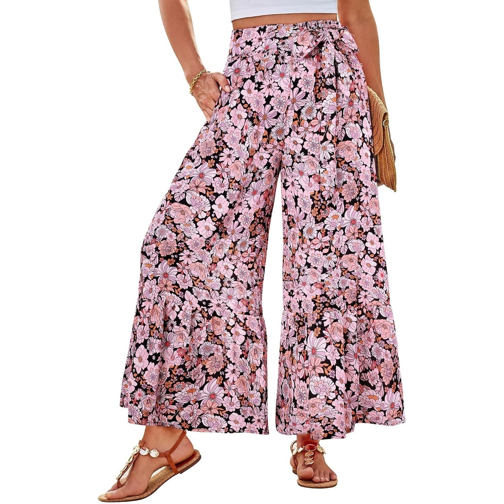 image:imageGRACE KARIN Wome Palazzo Wide Leg Pants Summer Boho Flowy Beach Trousers BeltedPocketsElastic High WaistedPull OnAline FlarePrintedTravelComfyVacationHawaiiHoneymoonPink Floral