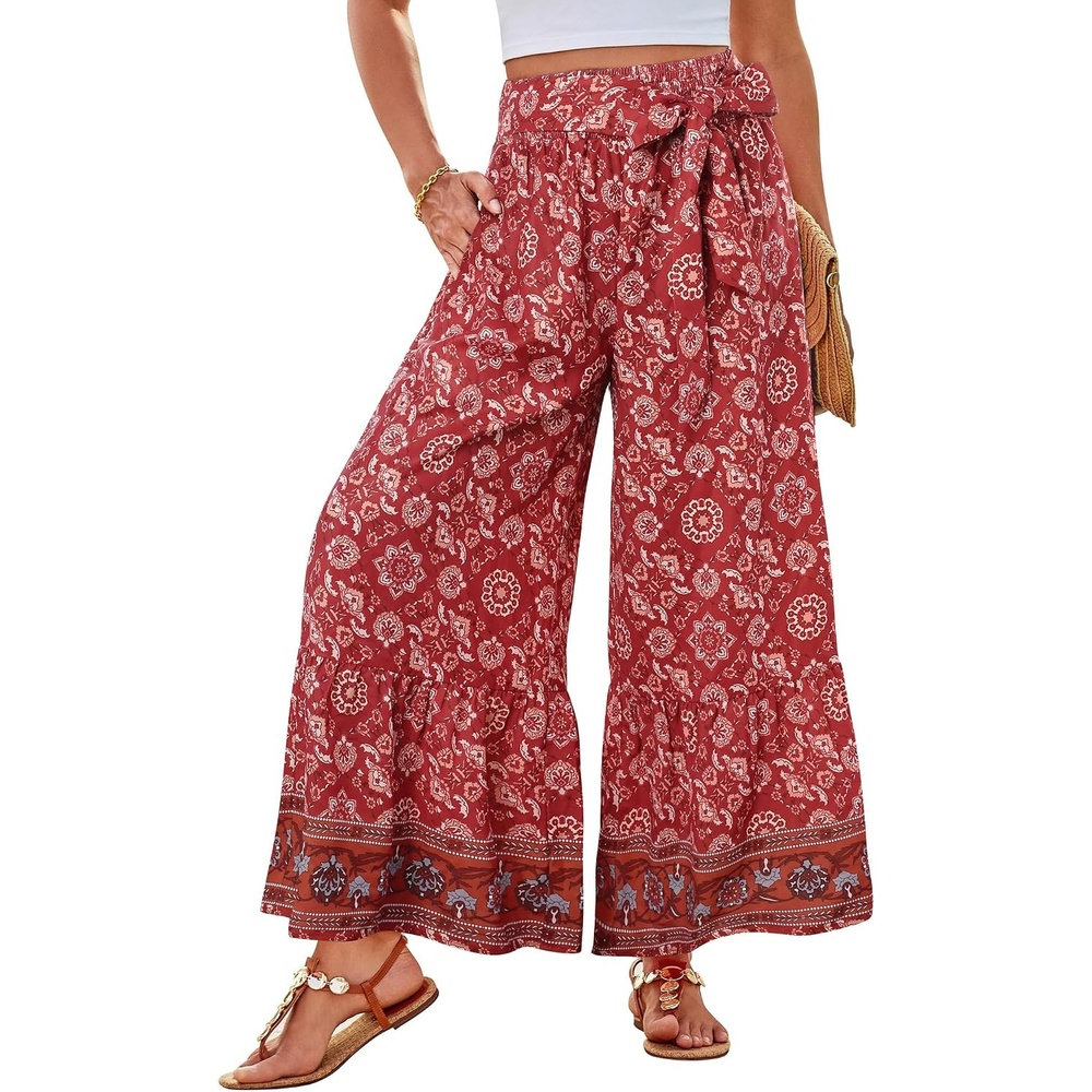 image:imageGRACE KARIN Wome Palazzo Wide Leg Pants Summer Boho Flowy Beach Trousers BeltedPocketsElastic High WaistedPull OnAline FlarePrintedTravelComfyVacationHawaiiHoneymoonRed Floral