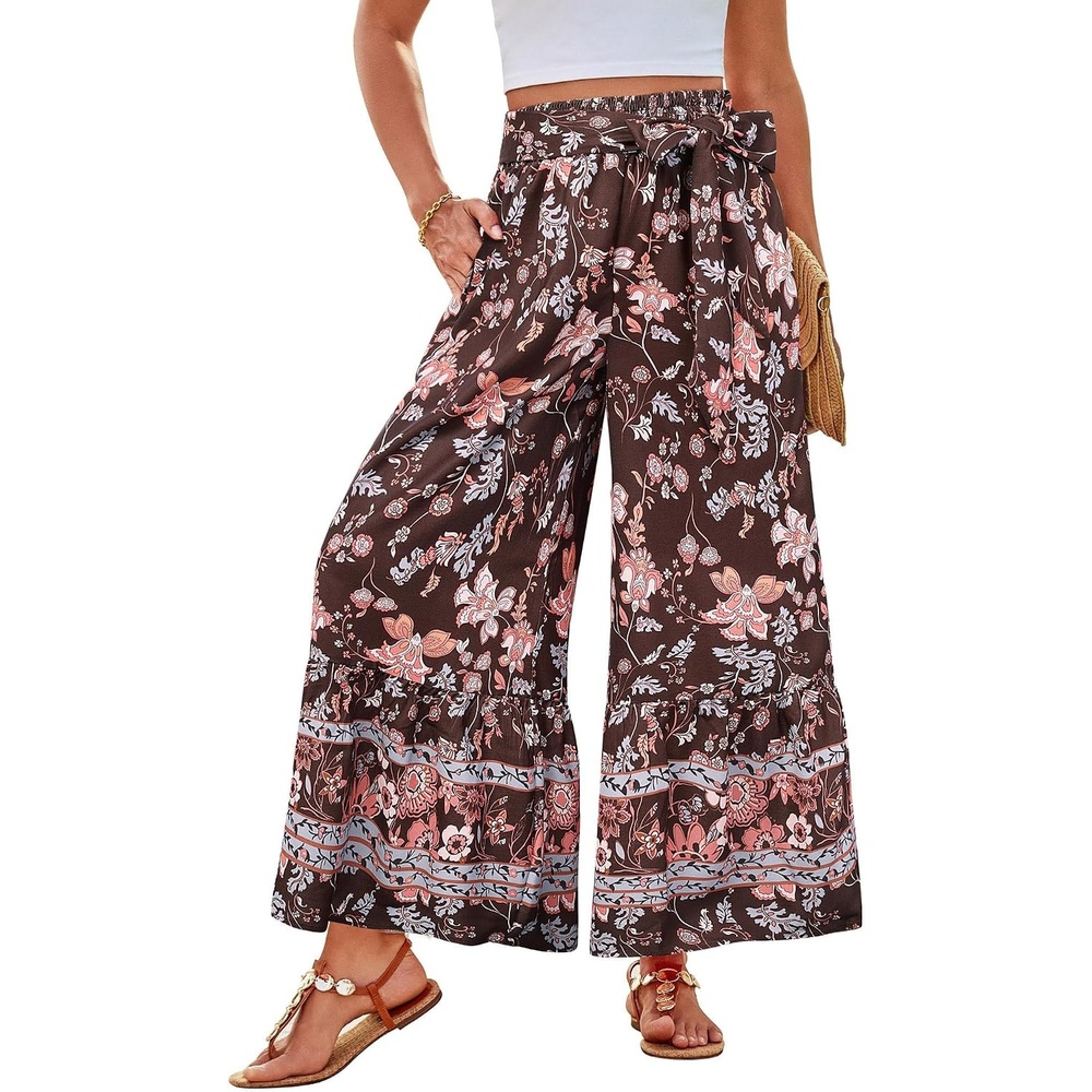 image:imageGRACE KARIN Wome Palazzo Wide Leg Pants Summer Boho Flowy Beach Trousers BeltedPocketsElastic High WaistedPull OnAline FlarePrintedTravelComfyVacationHawaiiHoneymoonBrown Pink Floral