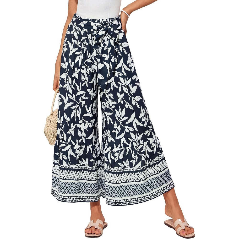 image:imageGRACE KARIN Wome Palazzo Wide Leg Pants Summer Boho Flowy Beach Trousers BeltedPocketsElastic High WaistedPull OnAline FlarePrintedTravelComfyVacationHawaiiHoneymoonNavy Floral