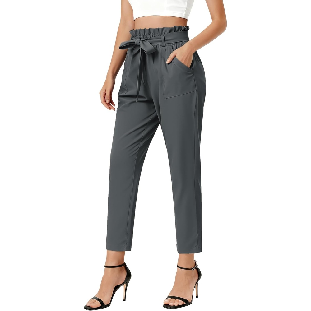 image:imageGRACE KARIN Women Work Pants High Waist Dressy Trousers Business Casual  Paper Bag Bow Tie Office Stretch Elastic Waist with Pockets Lightweight Slim Fit PullonGray Black