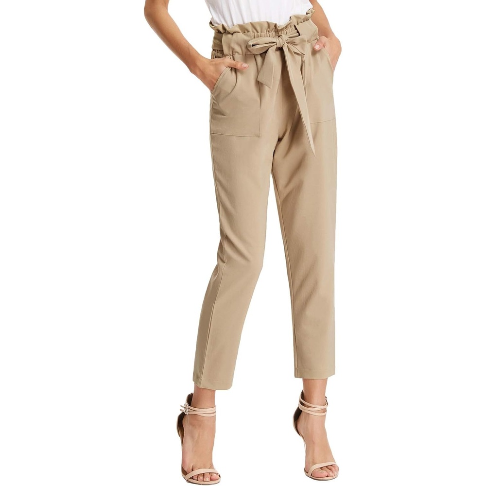 image:imageGRACE KARIN Women Work Pants High Waist Dressy Trousers Business Casual  Paper Bag Bow Tie Office Stretch Elastic Waist with Pockets Lightweight Slim Fit PullonLight Tan