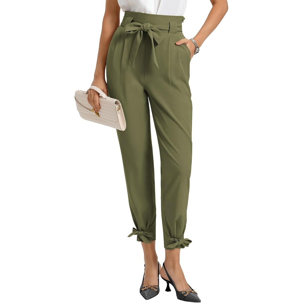 image:imageGRACE KARIN Womens Casual High Waist Pencil Pants Paper Bag Pants for Work Casual High Waist Pencil with Pockets BowKnot Cropped Paper Bag WorkArmy Green