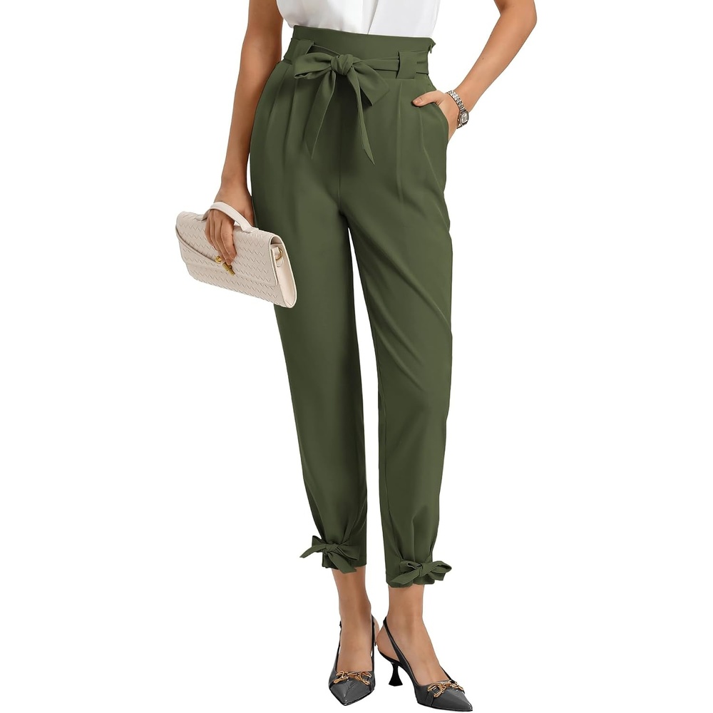 image:imageGRACE KARIN Womens Casual High Waist Pencil Pants Paper Bag Pants for Work Casual High Waist Pencil with Pockets BowKnot Cropped Paper Bag WorkDark Olive Green