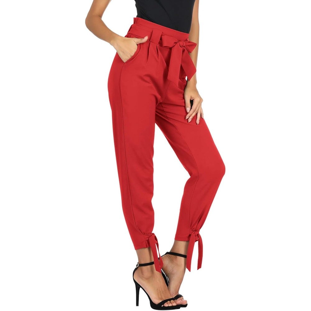 image:imageGRACE KARIN Womens Casual High Waist Pencil Pants Paper Bag Pants for Work Casual High Waist Pencil with Pockets BowKnot Cropped Paper Bag WorkRed