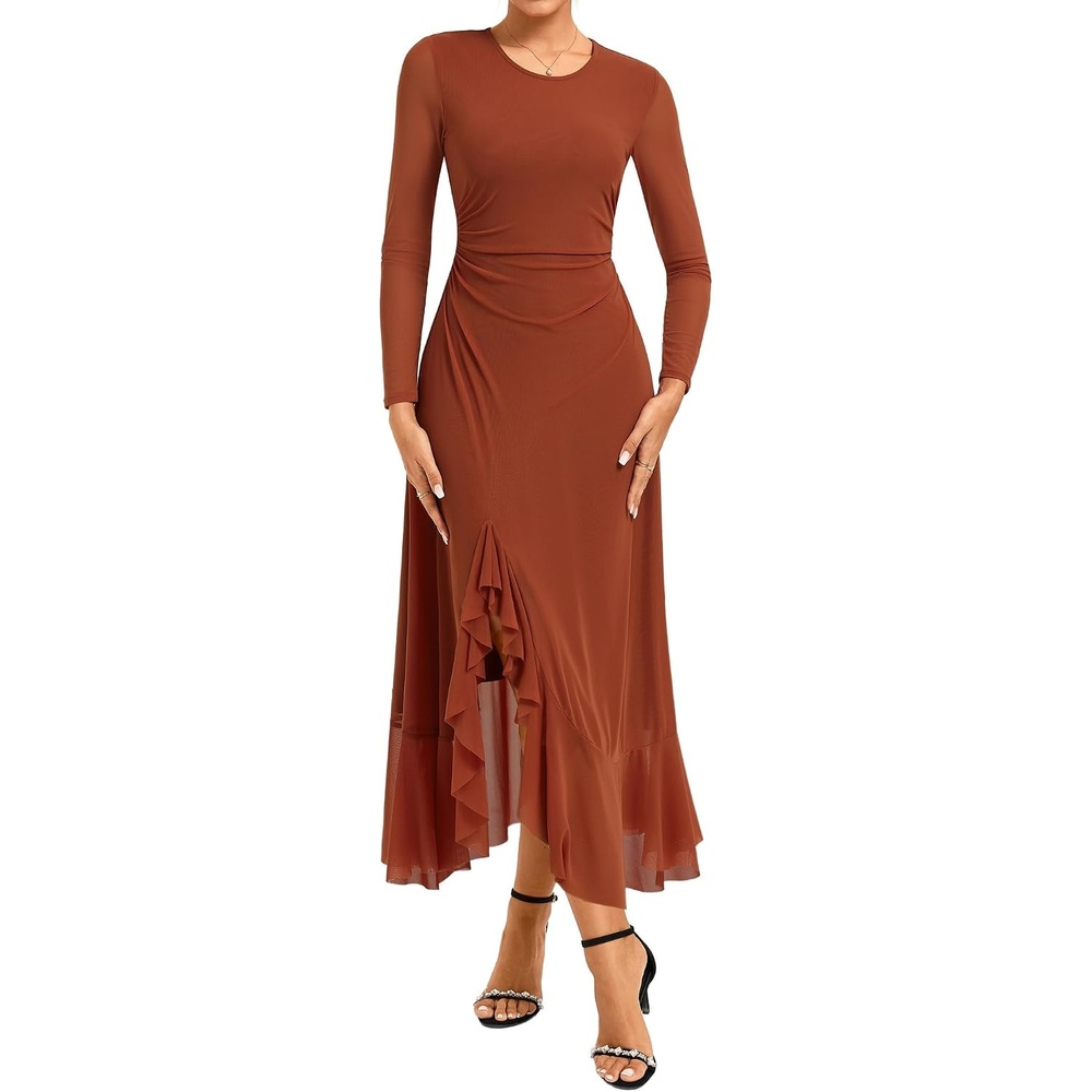 image:imageGRACE KARIN Womens Fall Wedding Guest Dress Long Sleeve Maxi Mesh Dresses Elegant Crew NeckRuched BodyconAsymmetric Ruffle HemFormal Cocktail PartyDate Night OutfitsFashion ClothingCaramel