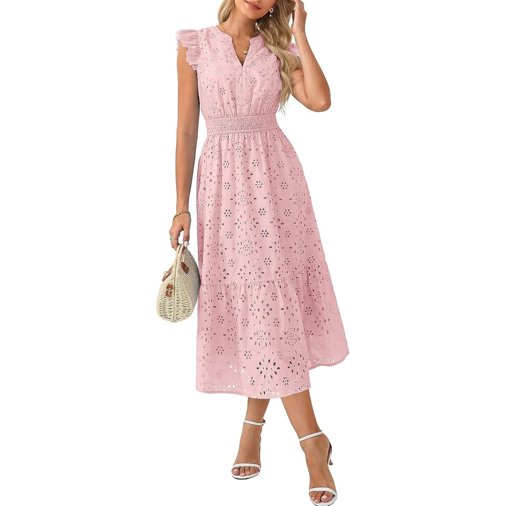 image:imageGRACE KARIN Womens Summer Maxi Eyelet Boho Beach Dresses 2026 V Neck High Waisted Pocket A Line Flowy Casual Modest Fall Funeral Church Wedding Guest Vacation Cocktail DressPink
