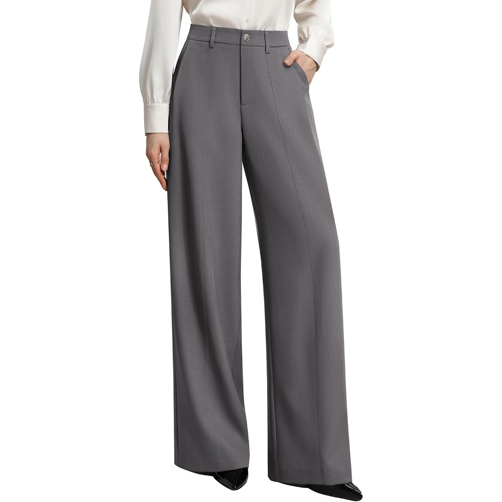 image:imageGRACE KARIN Womens Wide Leg Dress Pants Business Office Work Slacks Outfit TextureDrapeFlowyTailoredPocketsElastic High WaistPalazzoCasualFormalMeetingsGrey