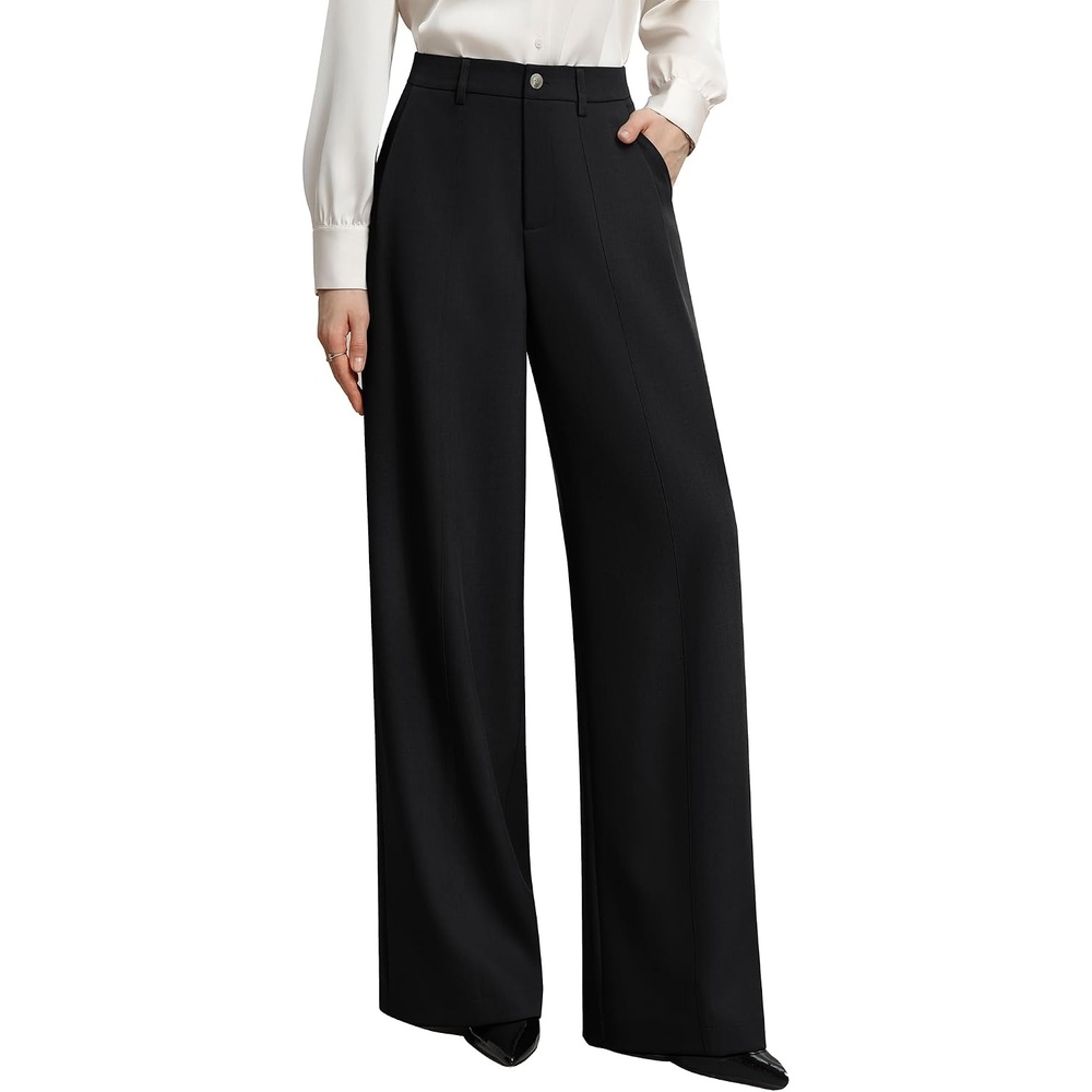 image:imageGRACE KARIN Womens Wide Leg Dress Pants Business Office Work Slacks Outfit TextureDrapeFlowyTailoredPocketsElastic High WaistPalazzoCasualFormalMeetingsBlack
