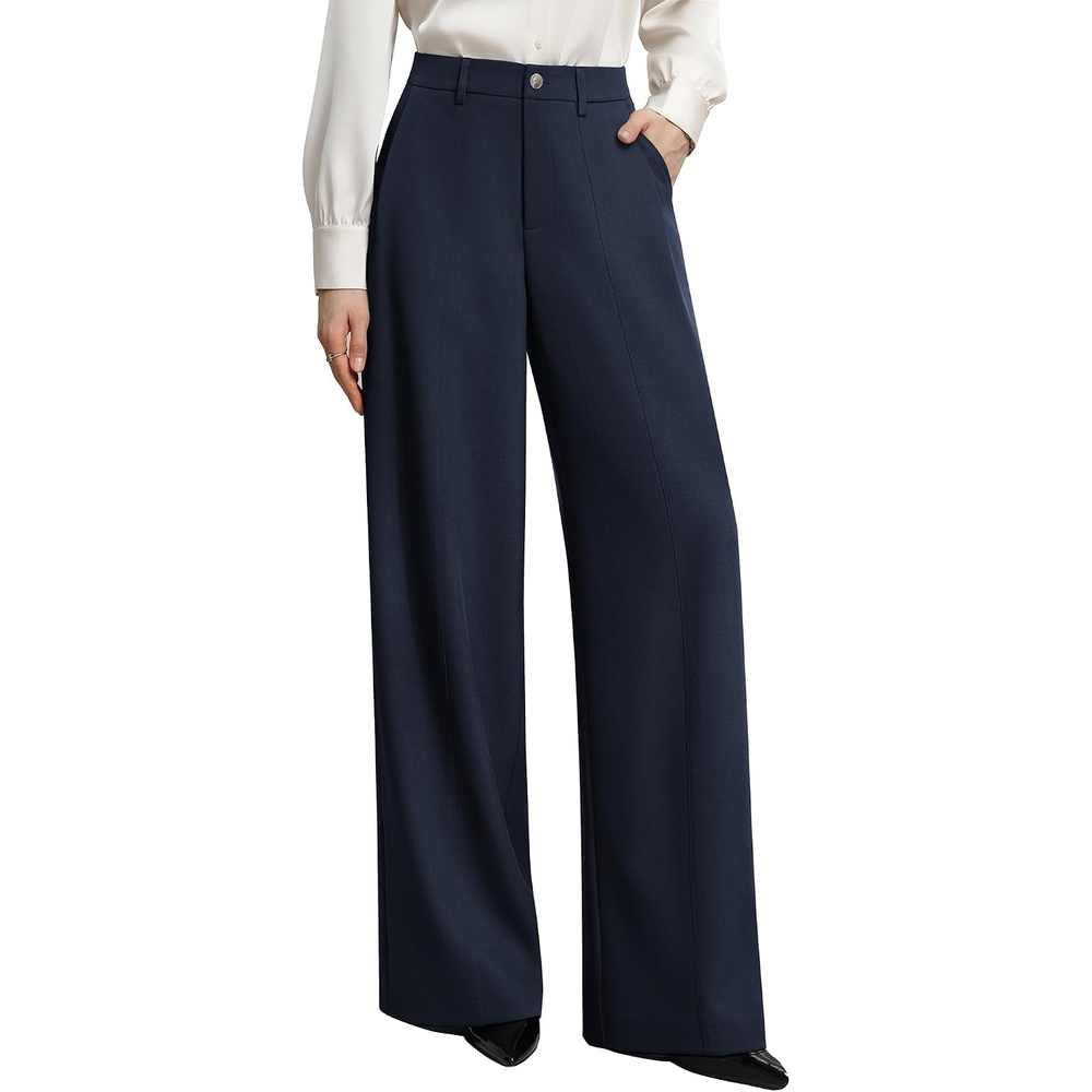 image:imageGRACE KARIN Womens Wide Leg Dress Pants Business Office Work Slacks Outfit TextureDrapeFlowyTailoredPocketsElastic High WaistPalazzoCasualFormalMeetingsDark Blue