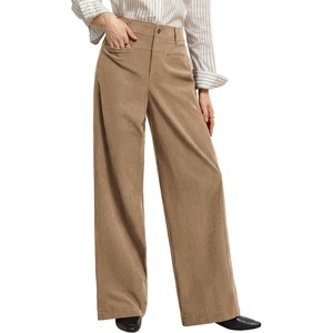 GRACE KARIN Corduroy Pants Women Casual Wide Leg Baggy Trousers Fall Winter | 4 Pockets front and back,Stretch,Rivets,Elastic High Waist,Palazzo,Leisure,Home(Khaki)