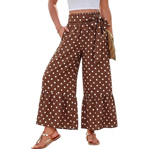 GRACE KARIN Wome Palazzo Wide Leg Pants Summer Boho Flowy Beach Trousers | Belted,Pockets,Elastic High Waisted,Pull On,A-line Flare,Printed,Travel,Comfy,Vacation,Hawaii,Honeymoon(Brown Polka Dot)