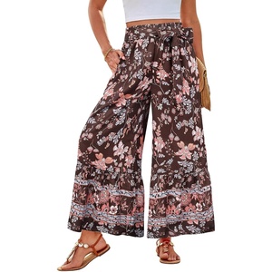 GRACE KARIN Wome Palazzo Wide Leg Pants Summer Boho Flowy Beach Trousers | Belted,Pockets,Elastic High Waisted,Pull On,A-line Flare,Printed,Travel,Comfy,Vacation,Hawaii,Honeymoon(Brown Pink Floral)
