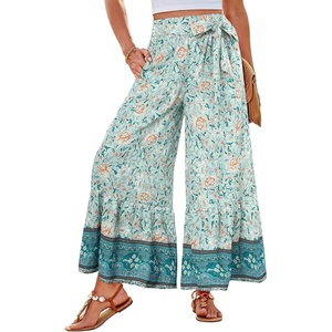 GRACE KARIN Wome Palazzo Wide Leg Pants Summer Boho Flowy Beach Trousers | Belted,Pockets,Elastic High Waisted,Pull On,A-line Flare,Printed,Travel,Comfy,Vacation,Hawaii,Honeymoon(Mint Floral)