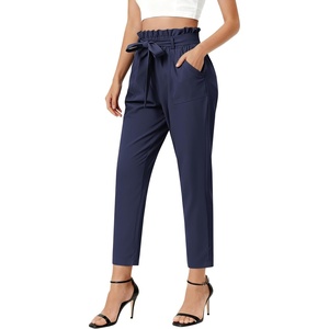 GRACE KARIN Women Work Pants, High Waist Dressy Trousers Business Casual | Paper Bag, Bow Tie, Office, Stretch Elastic Waist, with Pockets, Lightweight Slim Fit, Pull-on(Dark Blue)