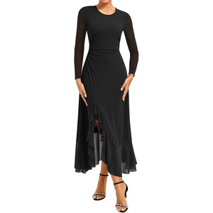 GRACE KARIN Women’s Fall Wedding Guest Dress Long Sleeve Maxi Mesh Dresses | Elegant Crew Neck,Ruched Bodycon,Asymmetric Ruffle Hem,Formal Cocktail Party,Date Night Outfits,Fashion Clothing(Black)