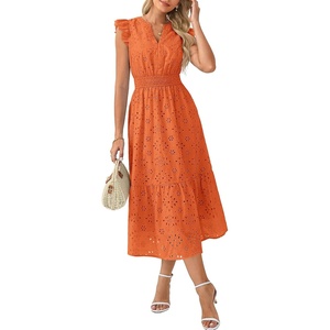 GRACE KARIN Womens Summer Maxi Eyelet Boho Beach Dresses 2026 | V Neck High Waisted Pocket A Line Flowy Casual Modest Fall Funeral Church Wedding Guest Vacation Cocktail Dress(Bright Orange)