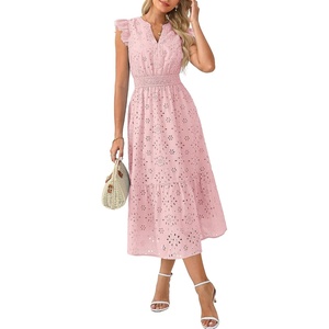 GRACE KARIN Womens Summer Maxi Eyelet Boho Beach Dresses 2026 | V Neck High Waisted Pocket A Line Flowy Casual Modest Fall Funeral Church Wedding Guest Vacation Cocktail Dress(Pink)