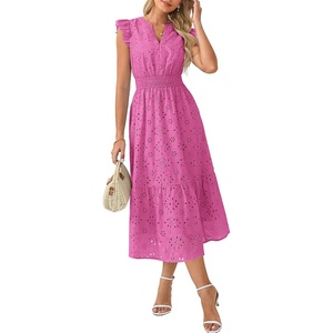GRACE KARIN Womens Summer Maxi Eyelet Boho Beach Dresses 2026 | V Neck High Waisted Pocket A Line Flowy Casual Modest Fall Funeral Church Wedding Guest Vacation Cocktail Dress(Rose)