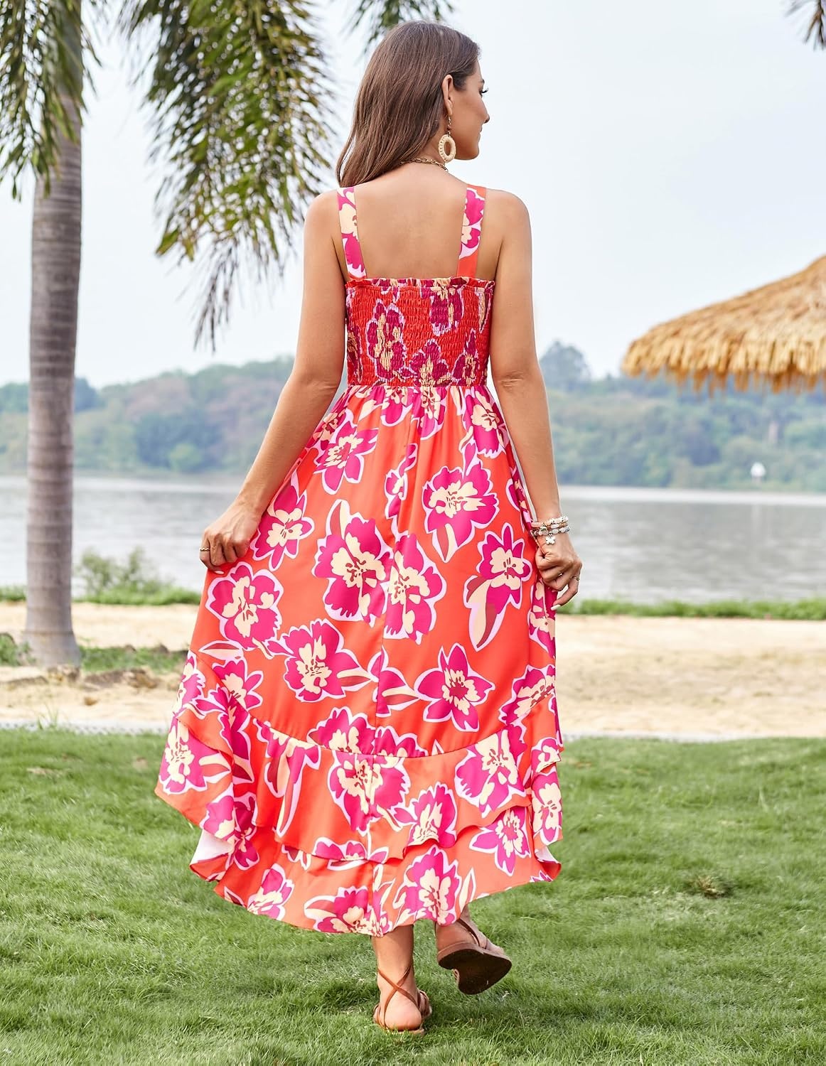image:imageGRACE KARIN Womens 2026 Summer Floral Boho Dresses Square Neck Strapped Swing A Line Sundress Long Maxi Beach Dress Outfits Sleeveless Hawaiian Trendy Fashion ClothesPurple Orange