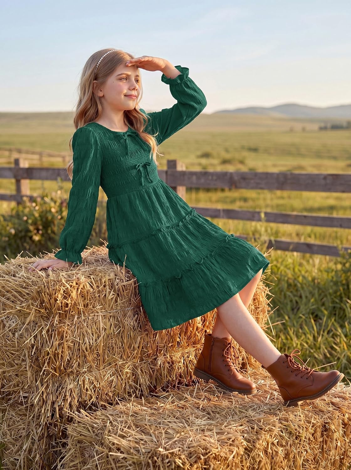 image:imageGRACE KARIN Girls Smocked Tiered Dress Long Sleeve Fall Casual Dresses Smocked Bodice Tiered Skirt with Ruffle Trim BowKnot Detail Elastic Waistline KneeLength for Winter Holiday PartyDark Green