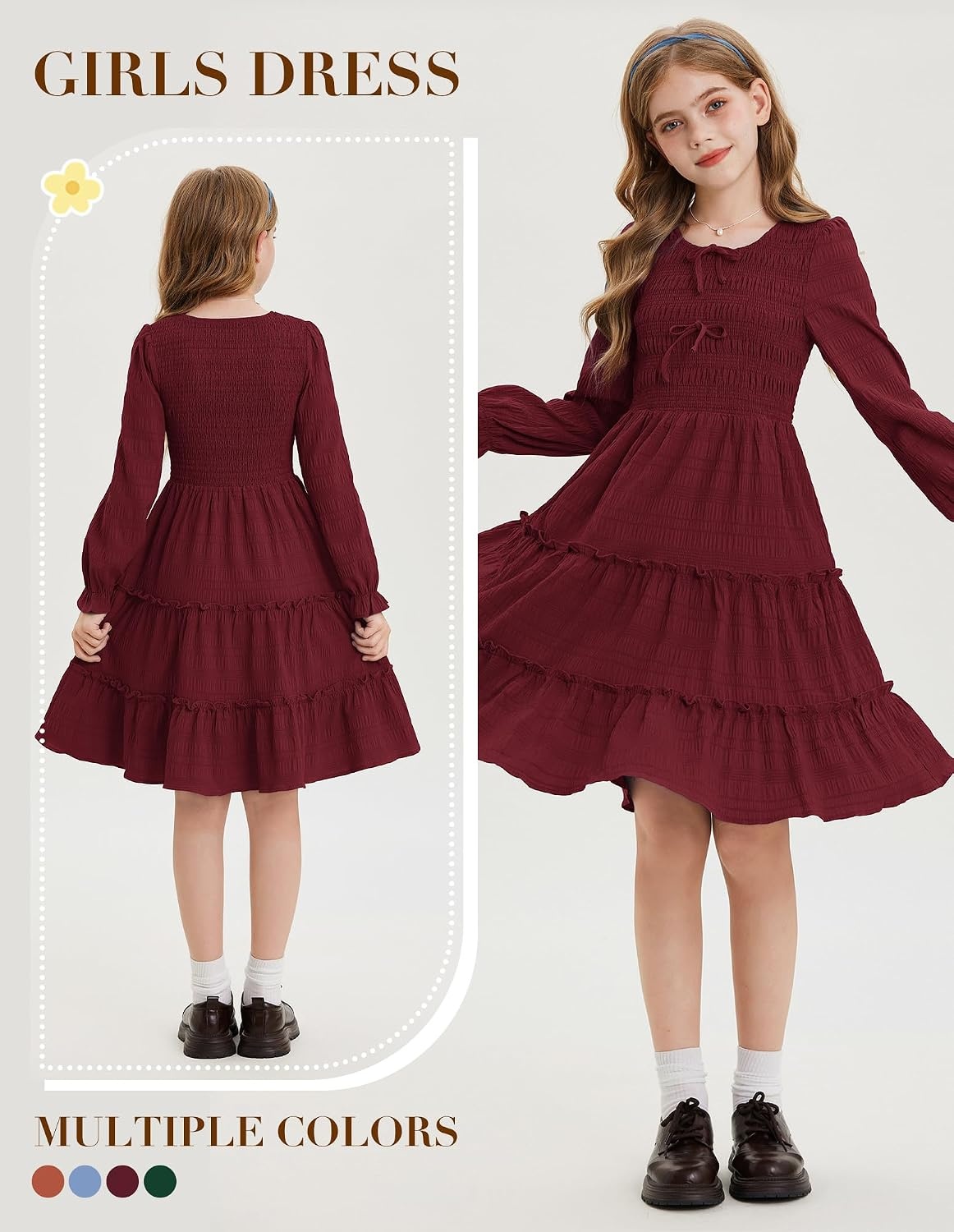 image:imageGRACE KARIN Girls Smocked Tiered Dress Long Sleeve Fall Casual Dresses Smocked Bodice Tiered Skirt with Ruffle Trim BowKnot Detail Elastic Waistline KneeLength for Winter Holiday PartyBurgundy