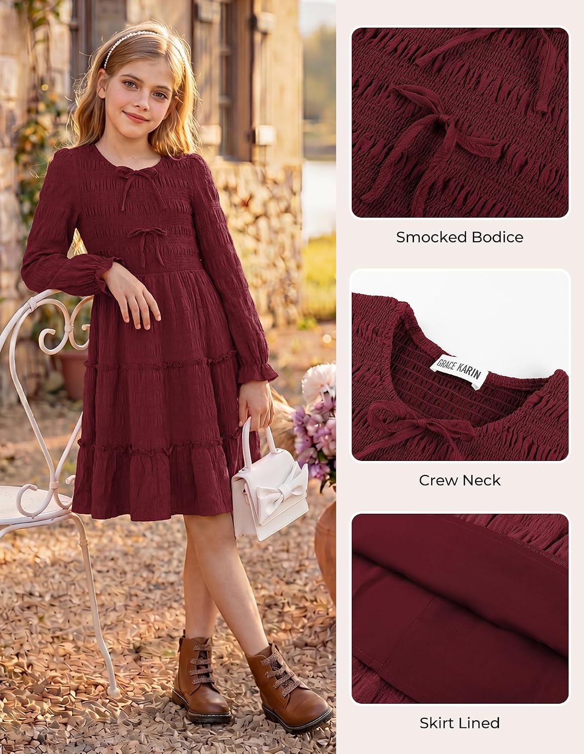 image:imageGRACE KARIN Girls Smocked Tiered Dress Long Sleeve Fall Casual Dresses Smocked Bodice Tiered Skirt with Ruffle Trim BowKnot Detail Elastic Waistline KneeLength for Winter Holiday PartyBurgundy