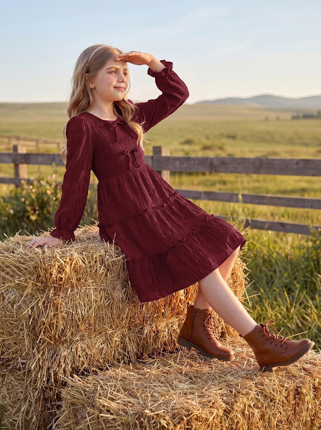 image:imageGRACE KARIN Girls Smocked Tiered Dress Long Sleeve Fall Casual Dresses Smocked Bodice Tiered Skirt with Ruffle Trim BowKnot Detail Elastic Waistline KneeLength for Winter Holiday PartyBurgundy