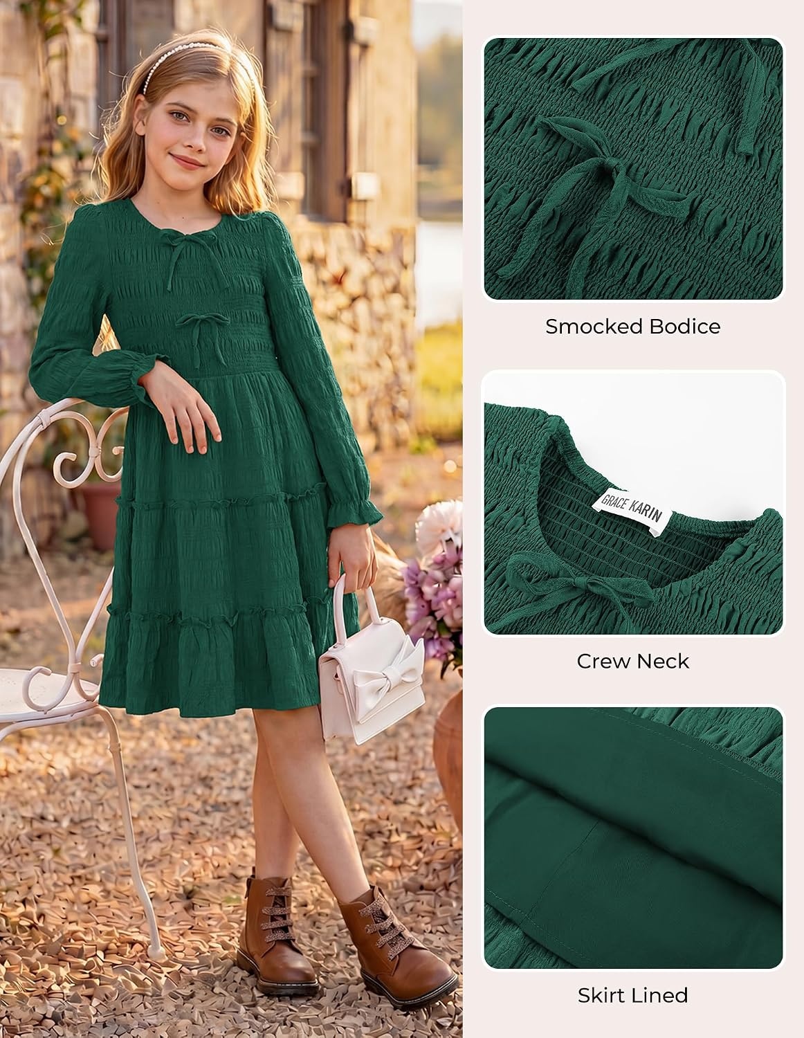 image:imageGRACE KARIN Girls Smocked Tiered Dress Long Sleeve Fall Casual Dresses Smocked Bodice Tiered Skirt with Ruffle Trim BowKnot Detail Elastic Waistline KneeLength for Winter Holiday PartyDark Green