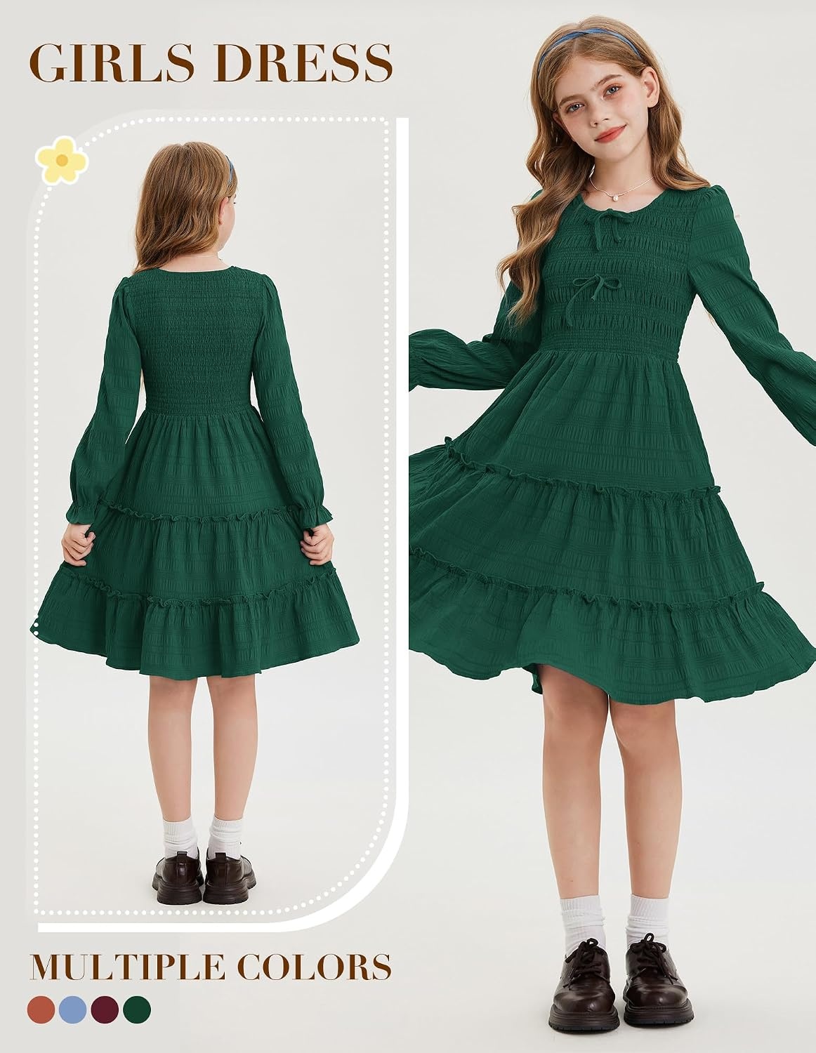 image:imageGRACE KARIN Girls Smocked Tiered Dress Long Sleeve Fall Casual Dresses Smocked Bodice Tiered Skirt with Ruffle Trim BowKnot Detail Elastic Waistline KneeLength for Winter Holiday PartyDark Green