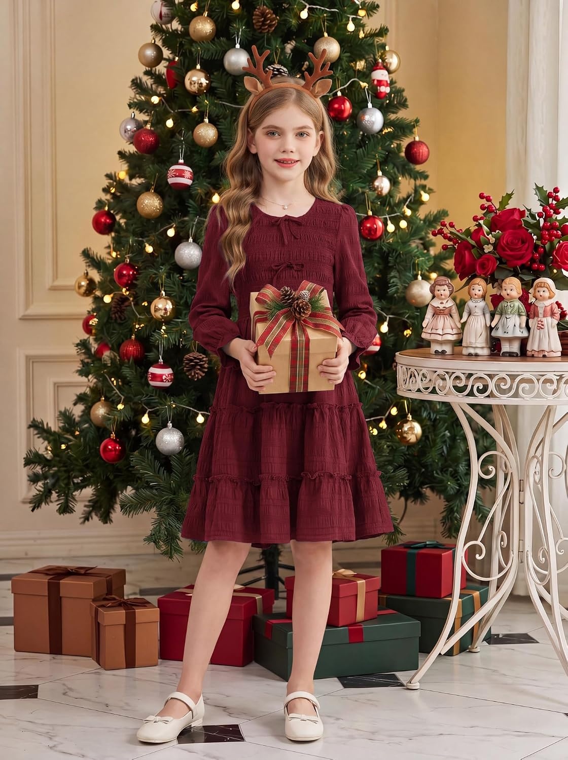 image:imageGRACE KARIN Girls Smocked Tiered Dress Long Sleeve Fall Casual Dresses Smocked Bodice Tiered Skirt with Ruffle Trim BowKnot Detail Elastic Waistline KneeLength for Winter Holiday PartyBurgundy