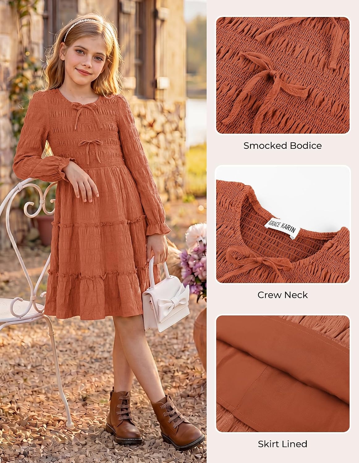 image:imageGRACE KARIN Girls Smocked Tiered Dress Long Sleeve Fall Casual Dresses Smocked Bodice Tiered Skirt with Ruffle Trim BowKnot Detail Elastic Waistline KneeLength for Winter Holiday PartyOrange