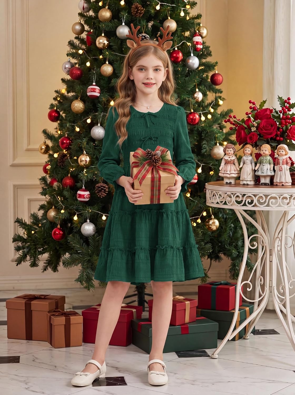 image:imageGRACE KARIN Girls Smocked Tiered Dress Long Sleeve Fall Casual Dresses Smocked Bodice Tiered Skirt with Ruffle Trim BowKnot Detail Elastic Waistline KneeLength for Winter Holiday PartyDark Green