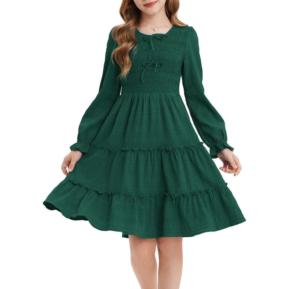 image:imageGRACE KARIN Girls Smocked Tiered Dress Long Sleeve Fall Casual Dresses Smocked Bodice Tiered Skirt with Ruffle Trim BowKnot Detail Elastic Waistline KneeLength for Winter Holiday PartyDark Green