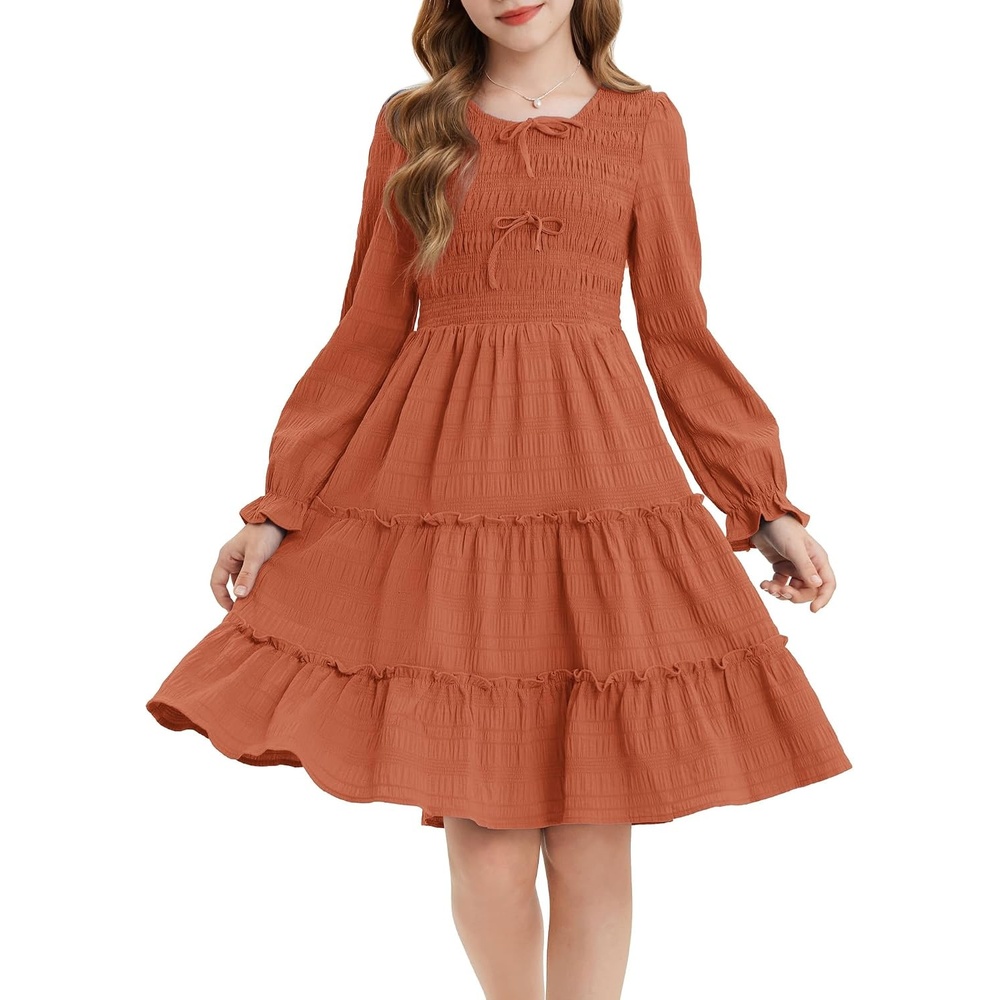 image:imageGRACE KARIN Girls Smocked Tiered Dress Long Sleeve Fall Casual Dresses Smocked Bodice Tiered Skirt with Ruffle Trim BowKnot Detail Elastic Waistline KneeLength for Winter Holiday PartyOrange