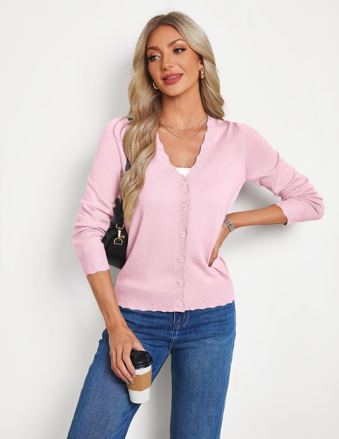 image:imageGRACE KARIN Cardigan Sweaters for Women Wool Blend Sweater Fall Fashion Button UpLong Sleeve V Neck Open FrontSoft KnitDressy Cropped ShrugsSummer Fall ClothesBusiness Casual Teacher OutfitsLight Pink