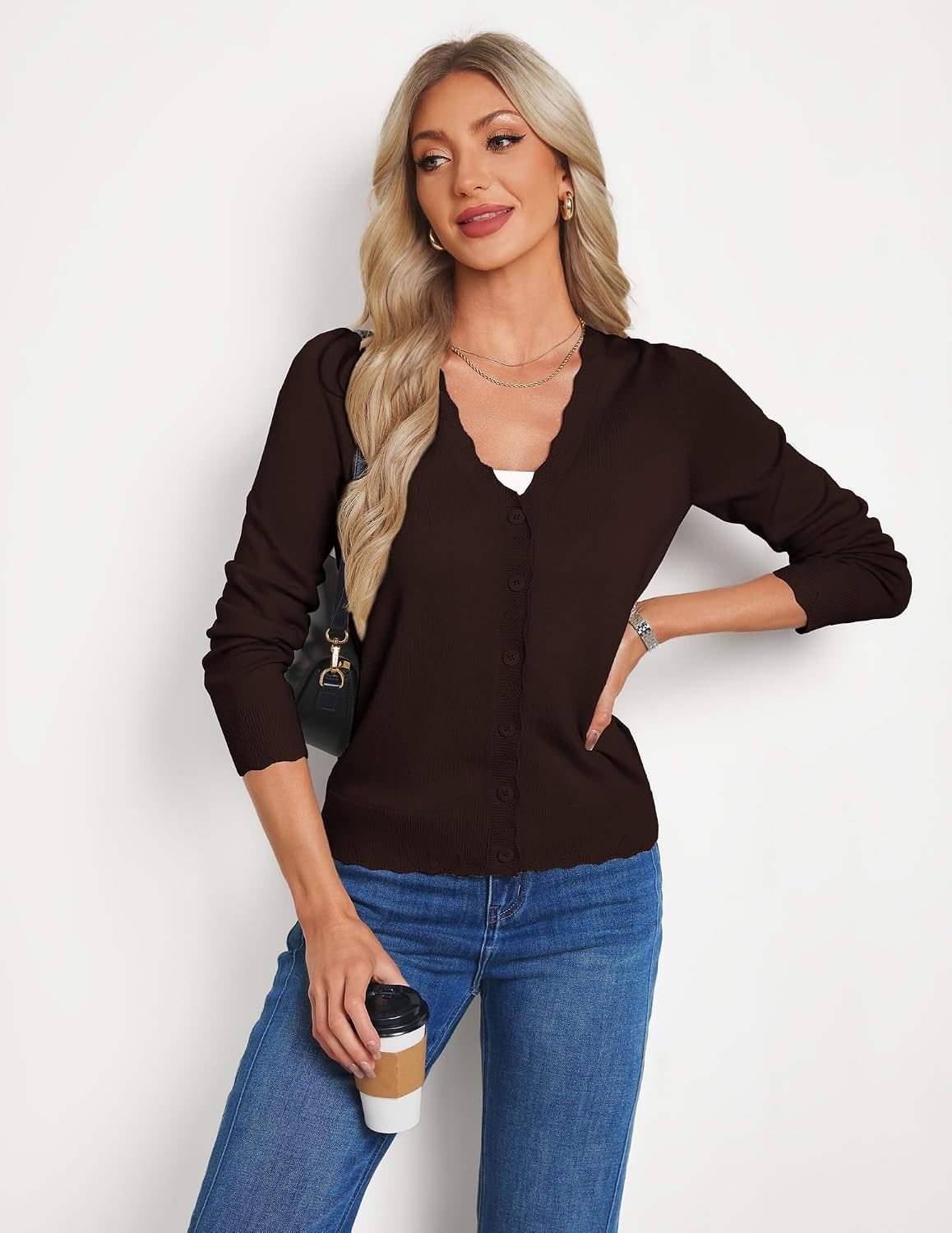 image:imageGRACE KARIN Cardigan Sweaters for Women Wool Blend Sweater Fall Fashion Button UpLong Sleeve V Neck Open FrontSoft KnitDressy Cropped ShrugsSummer Fall ClothesBusiness Casual Teacher OutfitsCoffee